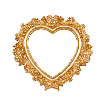 Old golden heart picture frame isolated on white with clipping path.