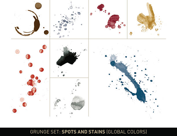 Grunge set: Dirt spots and stains in global colors Set with 8 vectorized, dirt and food stains on white background. The different spots are, blood, ketchup, ink, coffee, dirty water, etc. Each design is shaded in a single, global color (CMYK) and grouped on a separate, editable layer, so it can easily be changed and transformed. The grunge effect is based on ink on Chinese rice paper.  blood stain stock illustrations