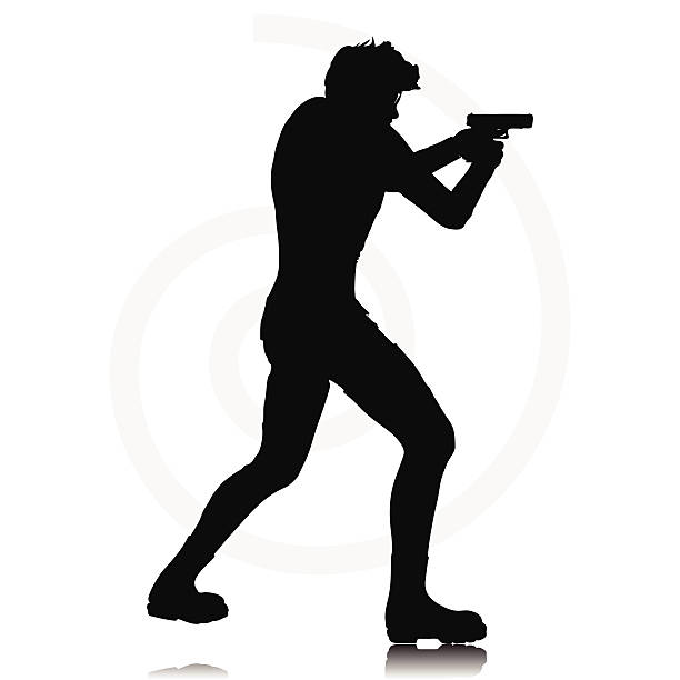 ilustraciones, imágenes clip art, dibujos animados e iconos de stock de hombre con una pistola - shooting women gun shotgun