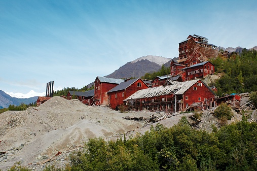Abandoned buildings  of the historical Kennecott Copper Mine located nearby the Kennicott Glacier in in the Wrangell- St.Elias Mountains National Park,Alaska, USA. The nearest city is McCarthy.