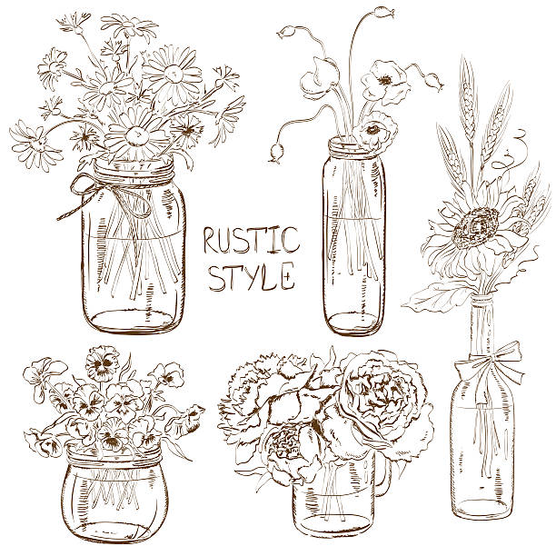 ilustraciones, imágenes clip art, dibujos animados e iconos de stock de juego de mason frascos con flores - herb chamomile flower arrangement flower