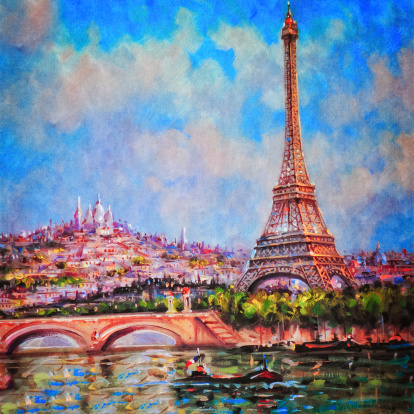 Colorful processed painting of Eiffel tower and Montmartre in Paris, France