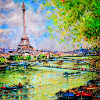 Colorful processed painting of Eiffel tower and river in Paris, France