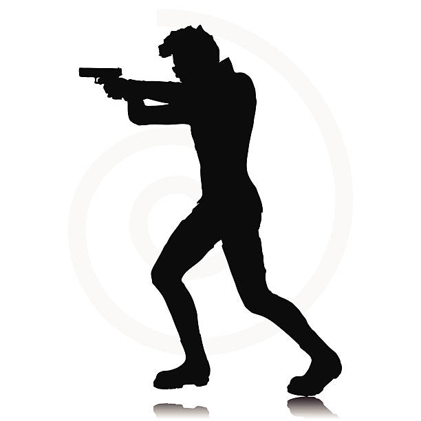 ilustraciones, imágenes clip art, dibujos animados e iconos de stock de hombre con una pistola - shooting women gun shotgun