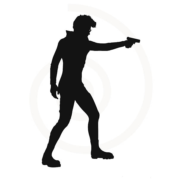 ilustraciones, imágenes clip art, dibujos animados e iconos de stock de hombre con una pistola - shooting women gun shotgun