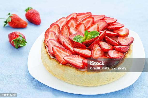 Cake With Strawberries And Cream Cheese Stock Photo - Download Image Now - 2015, Aromatherapy, Baked Pastry Item