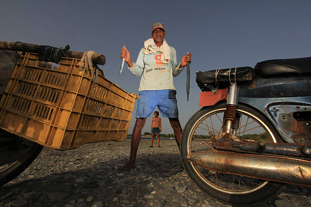Fisherman between two motorcycles showing small swordfishes stock photo