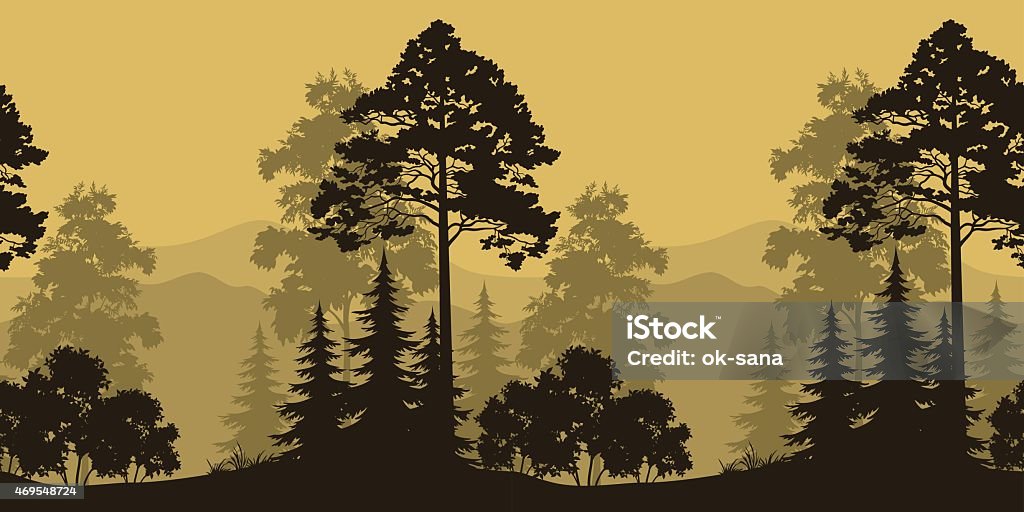 Seamless Landscape, Trees and Mountain Silhouettes Seamless Horizontal Landscape, Evening Forest with Spruce Trees Silhouettes and Mountains. Vector 2015 stock vector