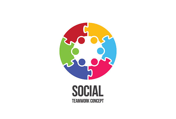 ilustraciones, imágenes clip art, dibujos animados e iconos de stock de logotipo social de trabajo en equipo. colorido rompecabezas - social media kids
