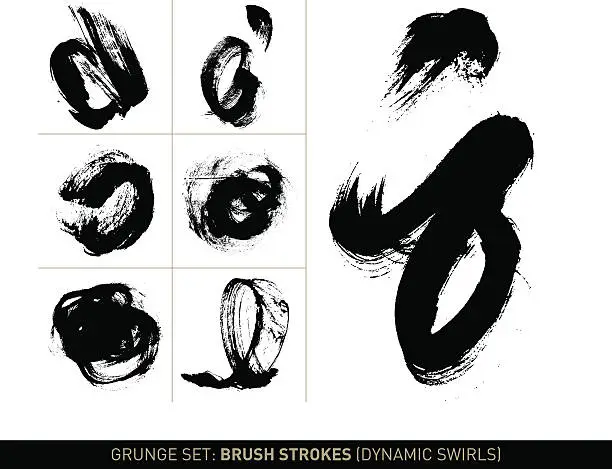 Vector illustration of Grunge set: Brush strokes dynamic swirls in b/w