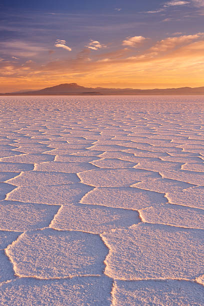 salt flat salar de uyuni in bolivien bei sonnenaufgang - salar stock-fotos und bilder