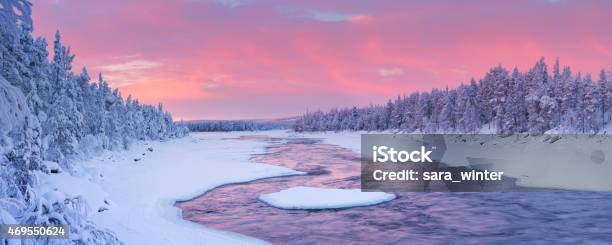 Sunrise Over River Rapids In A Winter Landscape Finnish Lapland Stock Photo - Download Image Now