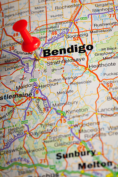 Bendigo Bendigo located on a map with a red pushpin. Victoria, Australia. bendigo photos stock pictures, royalty-free photos & images