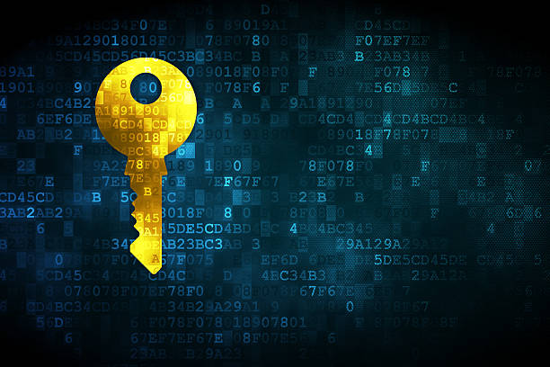 Security concept: Key on digital background Security concept: pixelated Key icon on digital background, empty copyspace for card, text, advertising, 3d render computer key stock pictures, royalty-free photos & images