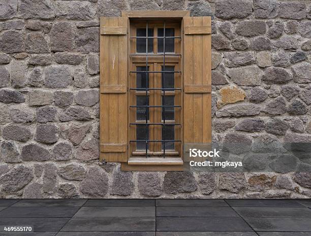 Old Window With Shutters Against A Stone Wall Stock Photo - Download Image Now - 2015, Architecture, Backgrounds