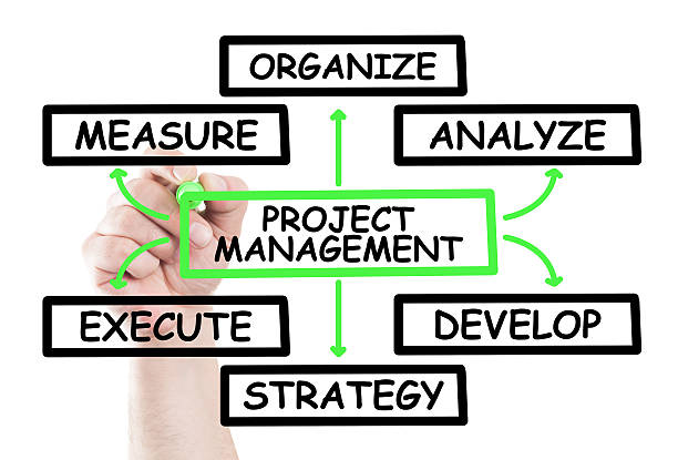 diagrama de gestión de proyectos - flowing business blackboard green fotografías e imágenes de stock