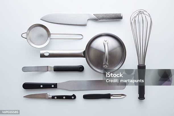 Professional Kitchen Utensils On White Background Stock Photo - Download Image Now - Kitchen Utensil, Chef, Cooking