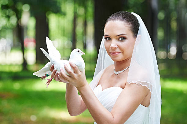 istock Happy bride with wedding pigeon 469558179