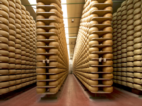 wheels of parmesan on the racks of a storehouse
