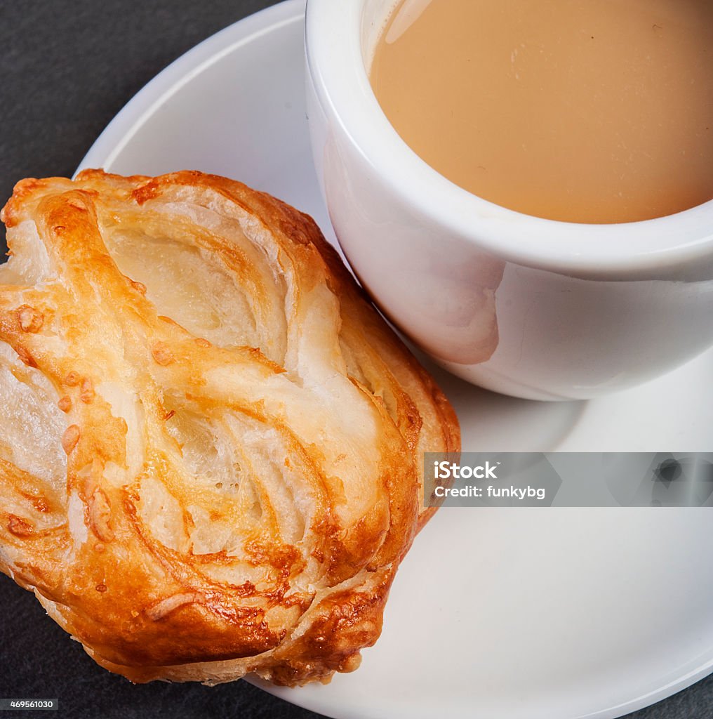 Bread Roll with cottage cheese filling and coffe 2015 Stock Photo