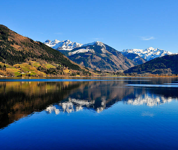 Mountain lake landscape view with reflection, Zell am See, Austria stock photo