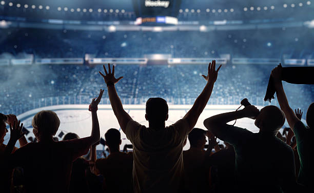 Fanatical hockey fans at a stadium Hockey fans celebrating at a hockey game. We see their silhouettes and fans attributes match sport stock pictures, royalty-free photos & images