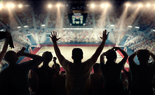 Basketball fans celebrating at a basketball game. We see their silhouettes and fans attributes