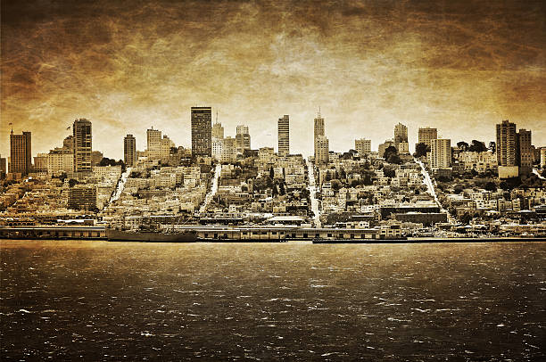 vistas del horizonte de san francisco, de alcatraz, estilo vintage - san francisko fotografías e imágenes de stock