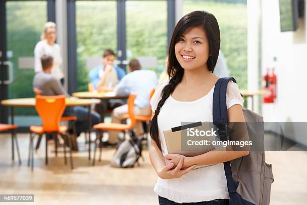 Female Student With Backpack In A Cafeteria Background Stock Photo - Download Image Now