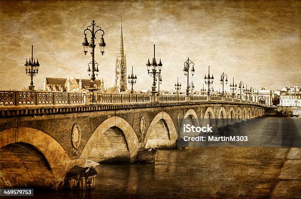 Bordeaux River Bridge With St Michel Cathedral In Vintage Stock Photo - Download Image Now