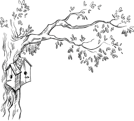 bird houses on a tree vector illustration, EPS 10. Sketch style, hand drawn