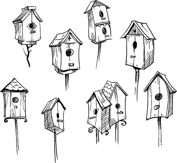 zestaw ręcznie rysowane ptak domy - birdhouse stock illustrations