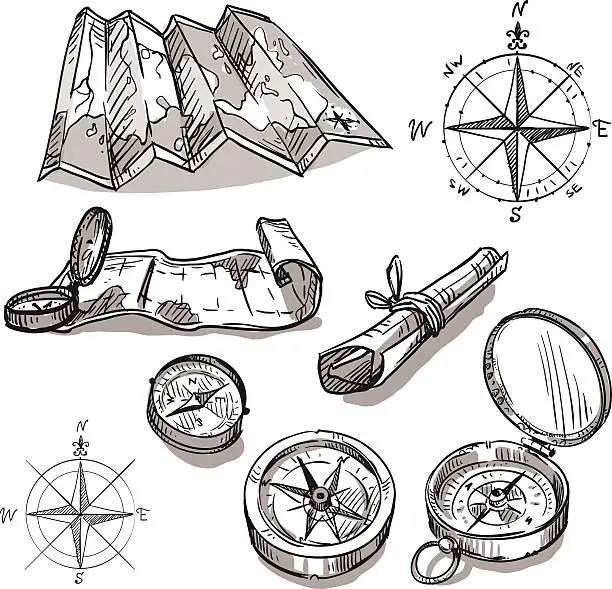 Vector illustration of Set of hand drawn compasses and maps