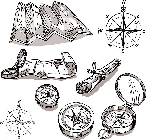 set of hand drawn compasses and maps - 方向儀 插圖 幅插畫檔、美工圖案、卡通及圖標
