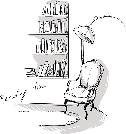 Reading time. A quiet cozy corner at home – bookshelves and a chair. Hand drawn, vector eps 10