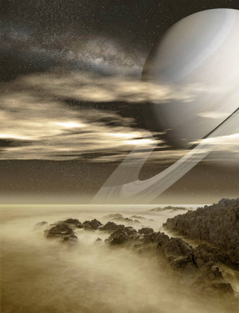 saturn viewed from titan moon - 埃歐 個照片及圖片檔