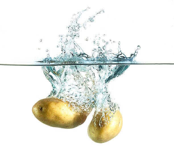 istock potatoes splashing into water against a white background. 469582105