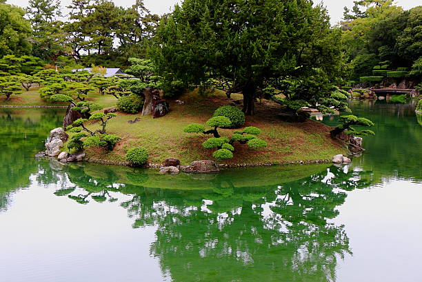 Takamatsu, Japan - October 5,2014: The Tourists walking across the Bridge on the Ritsurin garden ponds, the most beautiful park of Japan in Takamatsu-Shikoku island