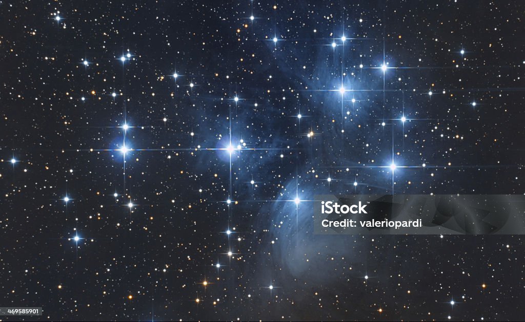 Pleiadi Asterism in Taurus constellation A little constellation in the dark night sky The Pleiades Stock Photo