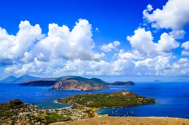 Landscape view of Lipari islands taken from Volcano island on Sicily, Italy