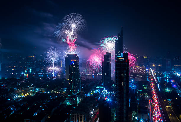 istock Cityscape of Bangkok at night during firework celebration 469587131