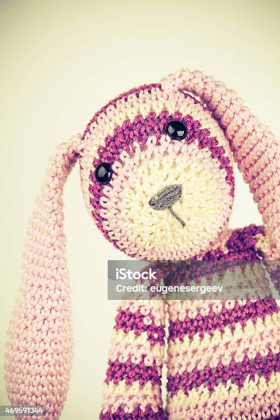 Funny Knitted Rabbit Toy Portrait Vintage Toned Stock Photo - Download Image Now - 2015, Animal, Animal Body Part