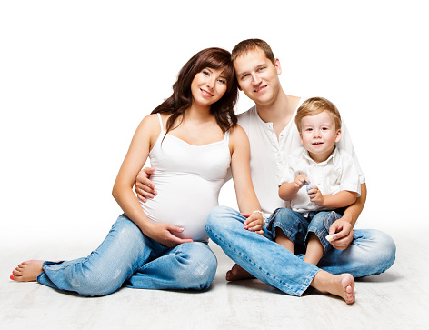 Family Portrait, Pregnant Mother Father Child Boy, Parents and Kid, Tree Persons Isolated over White Background