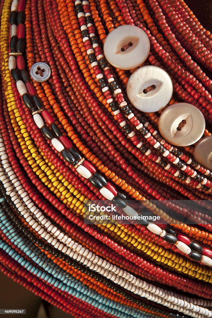 African Beaded Necklace. Detail of a beaded necklace worn by a tribal woman from Kenya. Africa Stock Photo