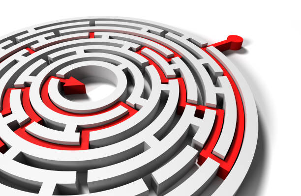 istock solved round labyrinth with red arrow in goal 469596167