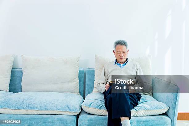 Reading A Book At Home Stock Photo - Download Image Now - 2015, 60-69 Years, Active Seniors