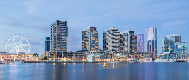 Panoramic image of the Docklands waterfront at night in Melbourne, Australia