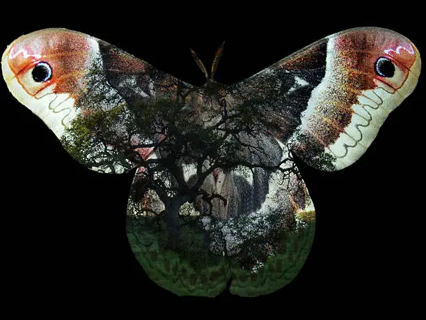 Artword created by combining natural elements including a month and ancient oak trees through photo-manipulation.