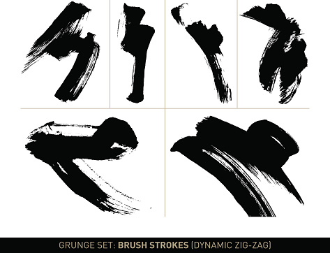Set with 6 vectorized, dynamic brush strokes in zig-zag movement in black on white background. The grunge effect is based on real ink brush strokes on Chinese rice paper. This technique and the quality of the strokes are used in traditional, Chinese calligraphy and are also typical for Japanese sumi-e ink painting. Color can be easily changed.