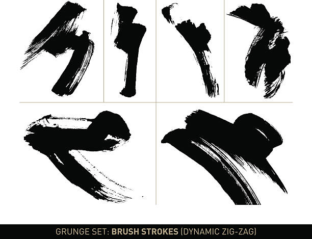 Grunge set: Brush strokes zig-zag in b/w Set with 6 vectorized, dynamic brush strokes in zig-zag movement in black on white background. The grunge effect is based on real ink brush strokes on Chinese rice paper. This technique and the quality of the strokes are used in traditional, Chinese calligraphy and are also typical for Japanese sumi-e ink painting. Color can be easily changed. splatters and brush textures stock illustrations